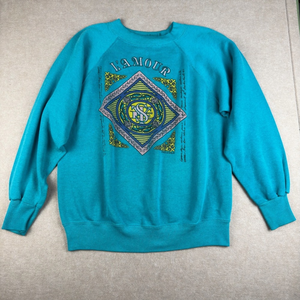 Vintage Sweets Crewneck Sweatshirt Mens M Teal Graphic L'Amour USA‎ Made